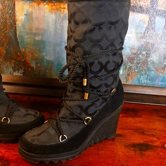 Women's Black Designer Wedge Boots - Picture 2 of 16